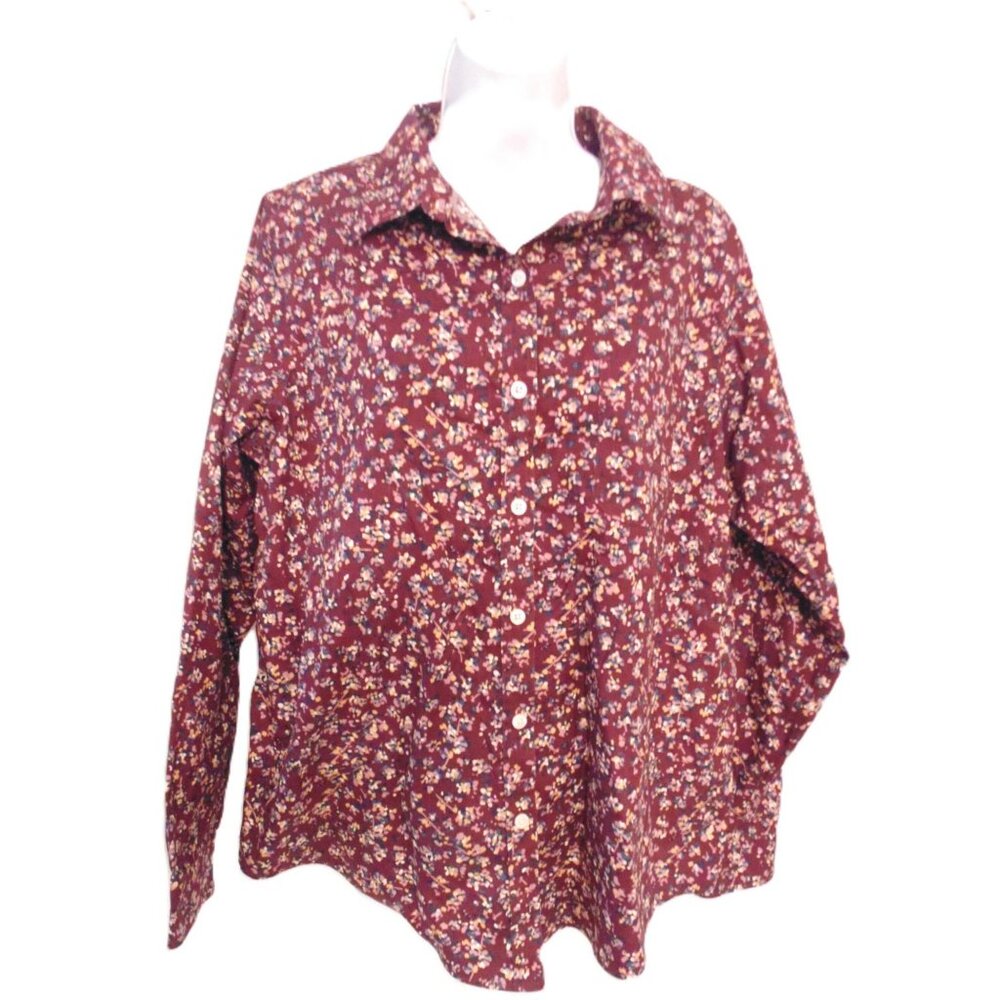 L.L. Bean Wrinkle Free Women's 100% Cotton Purple Floral Button-Up Shirt Size L